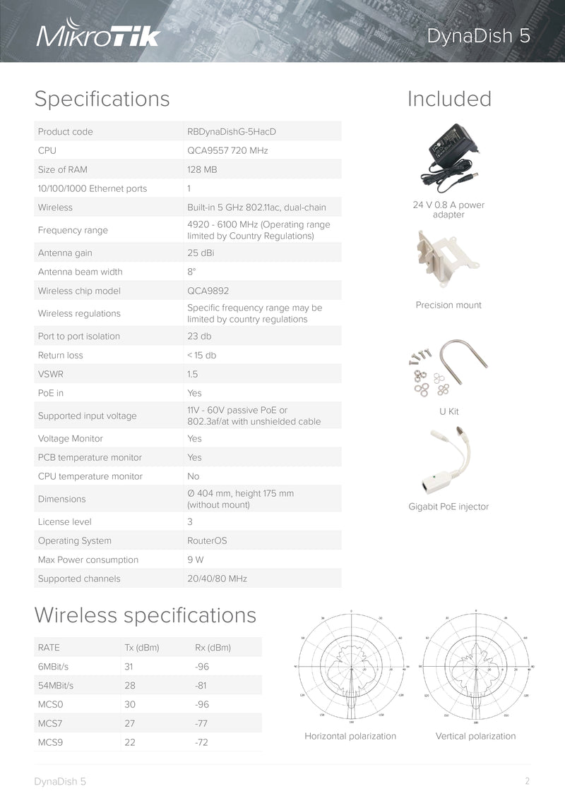 MikroTik DynaDish 5 ثنائي السلسلة 5 جيجا هرتز 802.11a/n/ac QCA9892، ذاكرة وصول عشوائي 128 ميجابايت، وحدة معالجة مركزية 720 ميجا هرتز، مكاسب هوائي 25 ديسيبل