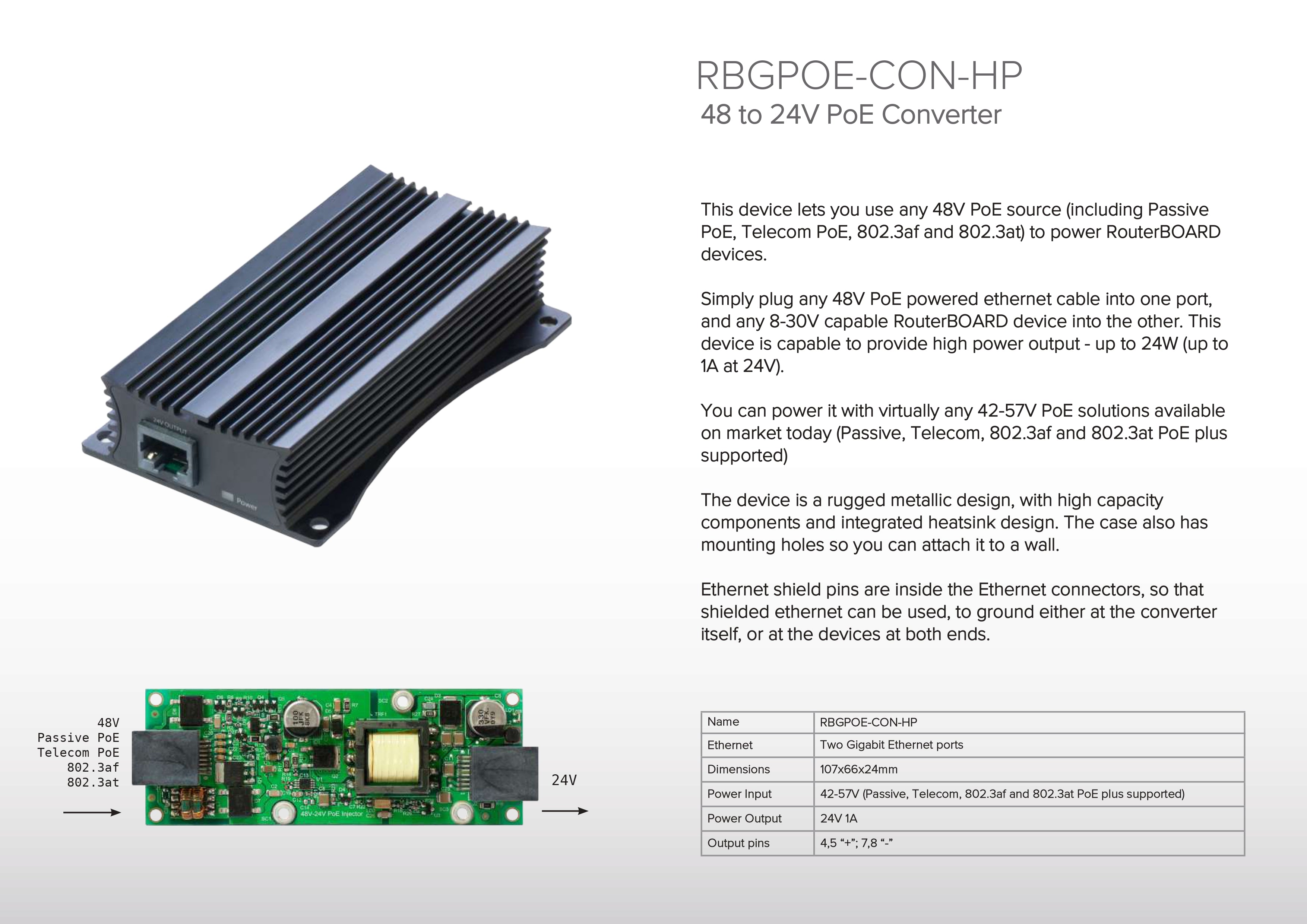 MikroTik RBGPOE-CON-HP 48V to 24V PoE Converter, 802.3af/at and Passive PoE Support, 10/100/1000Mbps, 24W Output, Rugged Metal Case