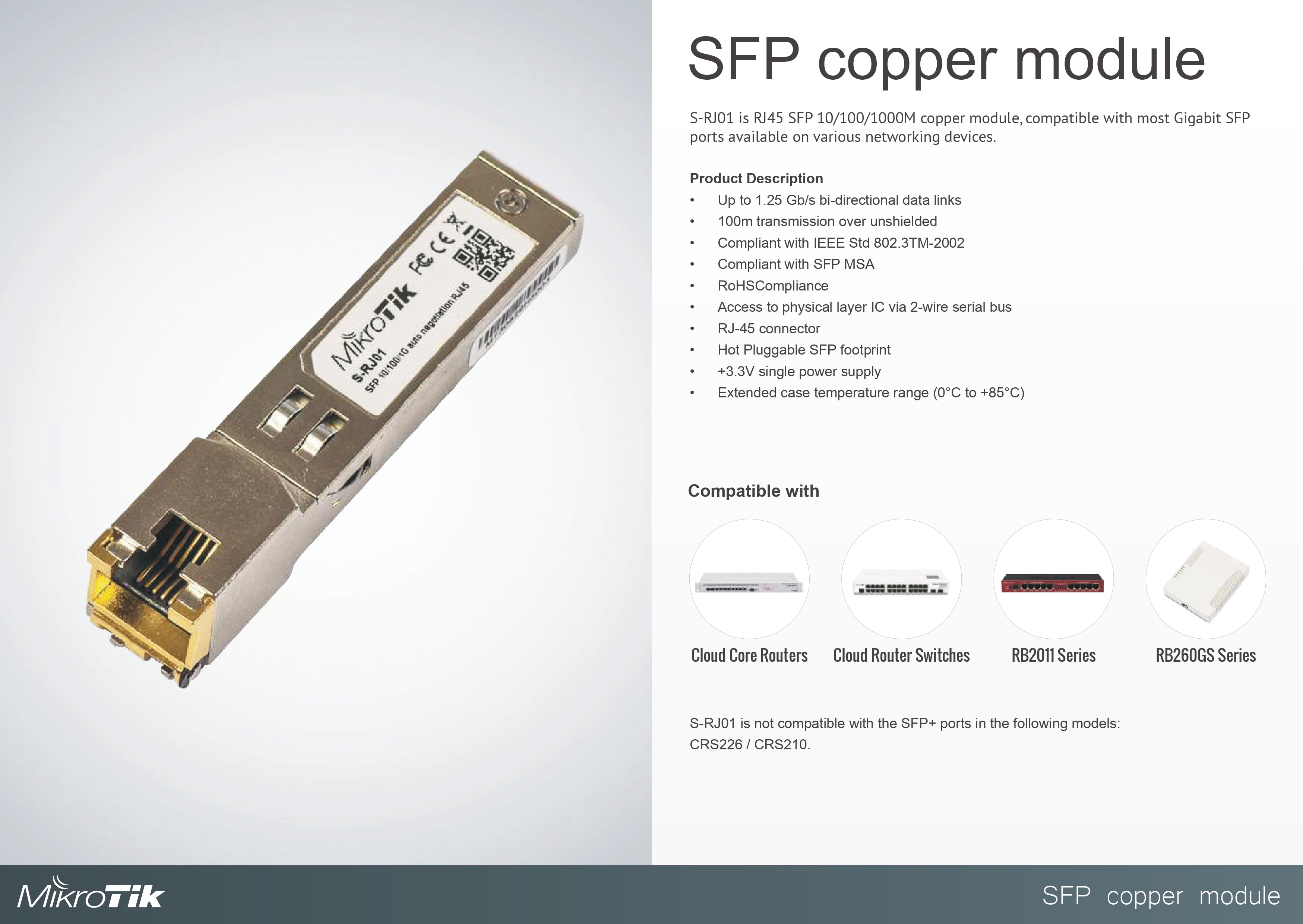 MikroTik S-RJ01 RJ45 SFP Copper Module, 10/100/1000Mbps, Up to 100m, IEEE 802.3, RoHS, Hot-Pluggable, Compatible with Gigabit SFP Ports