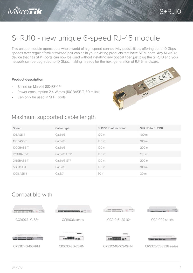 MikroTik S+RJ10 6-Speed RJ45 SFP+ Module, Up to 10Gbps over Ethernet, Cat6/7 Compatible, Marvell 88X3310P, 2.4W Power Consumption