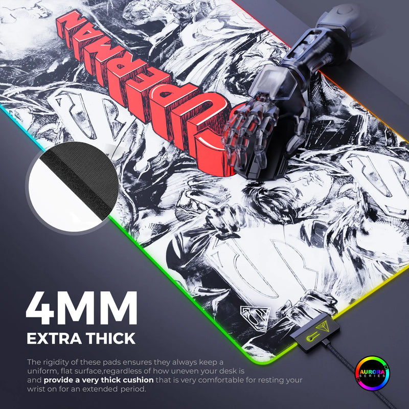 Cybeart | Superman Jim Lee Edition Gaming Desk Mat RGB (XXL - 900x400x4mm) | Waterproof, Never Slip Base, Stitched Edges, Esports Grade