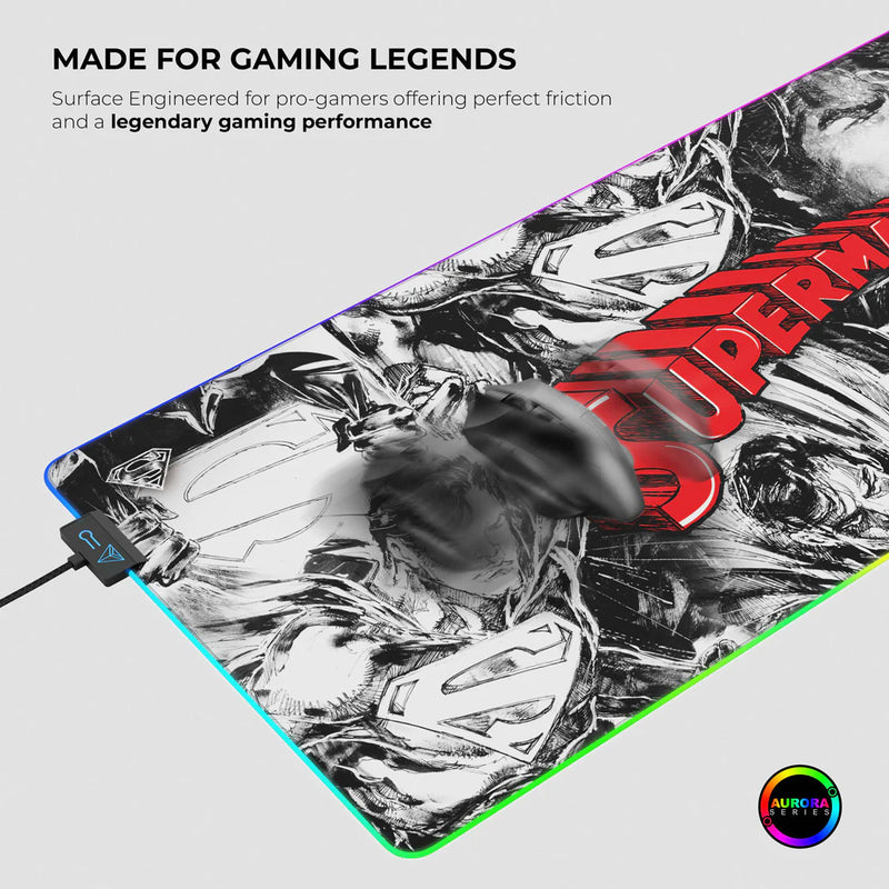 Cybeart | Superman Jim Lee Edition Gaming Desk Mat RGB (XXL - 900x400x4mm) | Waterproof, Never Slip Base, Stitched Edges, Esports Grade