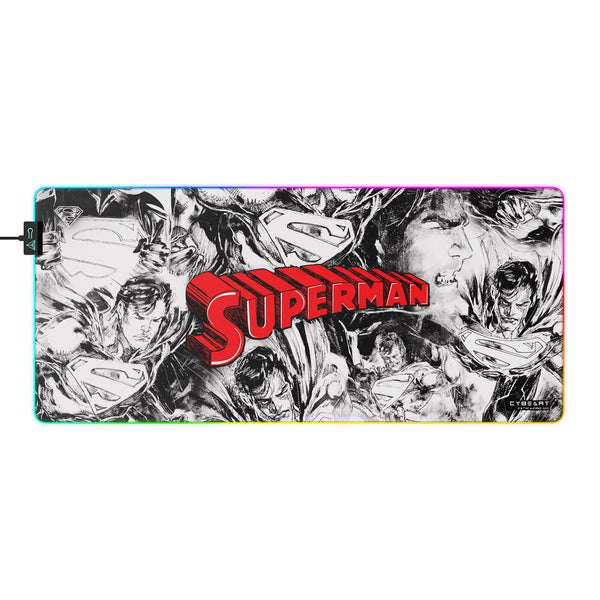 Cybeart | Superman Jim Lee Edition Gaming Desk Mat RGB (XXL - 900x400x4mm) | Waterproof, Never Slip Base, Stitched Edges, Esports Grade