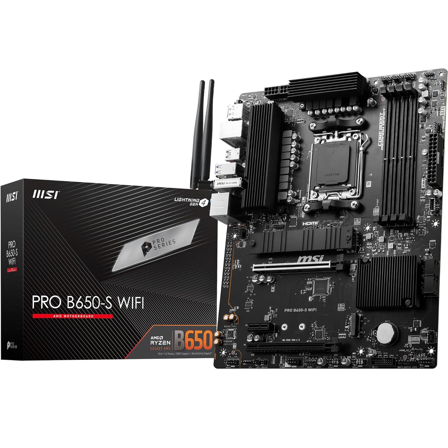 اللوحة الأم MSI PRO B650-S WiFi ProSeries (AMD AM5، ATX، DDR5، PCIe 4.0، M.2، SATA 6 جيجابايت/ثانية، USB 3.2 Gen 2، HDMI/DP، Wi-Fi 6E، معالجات سطح المكتب AMD Ryzen 7000 Series)