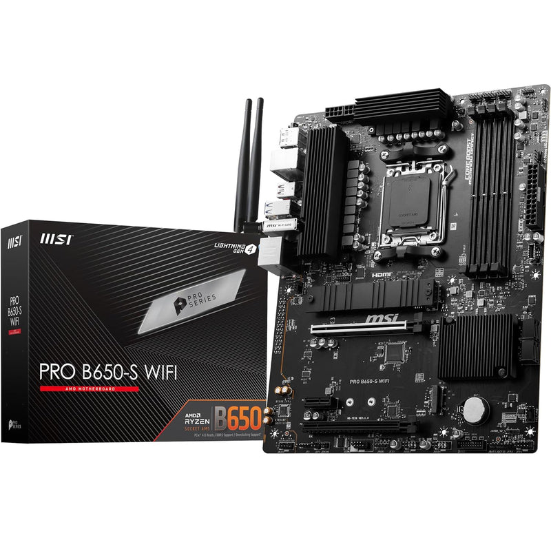 MSI PRO B650-S WiFi ProSeries Motherboard (AMD AM5, ATX, DDR5, PCIe 4.0, M.2, SATA 6Gb/s, USB 3.2 Gen 2, HDMI/DP, Wi-Fi 6E, AMD Ryzen 7000 Series Desktop Processors)