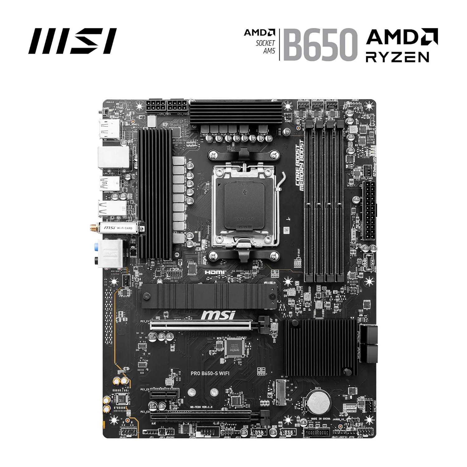 اللوحة الأم MSI PRO B650-S WiFi ProSeries (AMD AM5، ATX، DDR5، PCIe 4.0، M.2، SATA 6 جيجابايت/ثانية، USB 3.2 Gen 2، HDMI/DP، Wi-Fi 6E، معالجات سطح المكتب AMD Ryzen 7000 Series)