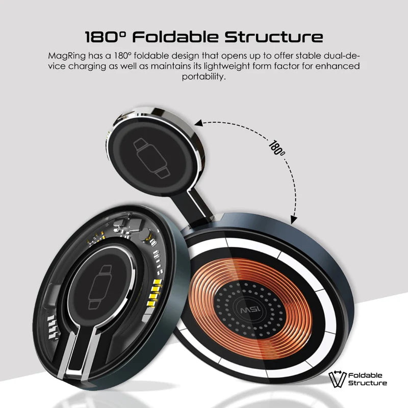 Promate MagRing 2-in-1 Pocket Foldable 15W MagSafe & 3W Apple Watch Wireless Charger — Transparent Ring Design, Kickstand, USB-C