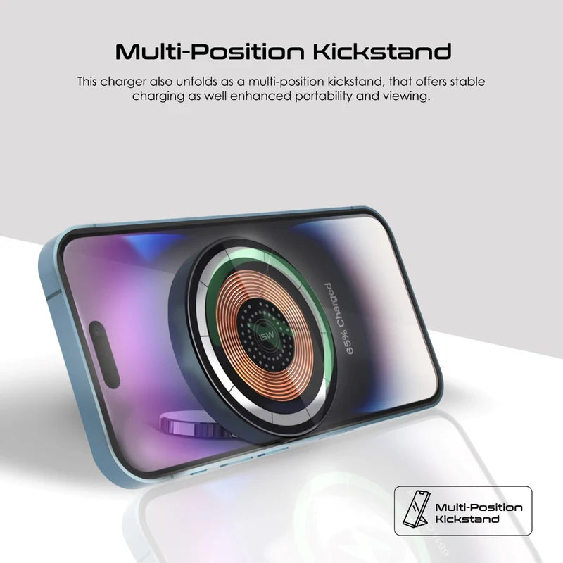 Promate MagRing 2-in-1 Pocket Foldable 15W MagSafe & 3W Apple Watch Wireless Charger — Transparent Ring Design, Kickstand, USB-C