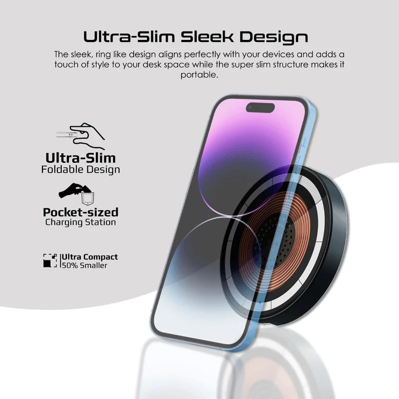 Promate MagRing 2-in-1 Pocket Foldable 15W MagSafe & 3W Apple Watch Wireless Charger — Transparent Ring Design, Kickstand, USB-C