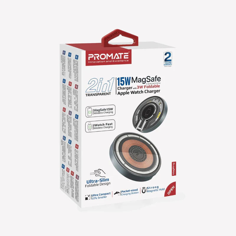 Promate MagRing 2-in-1 Pocket Foldable 15W MagSafe & 3W Apple Watch Wireless Charger — Transparent Ring Design, Kickstand, USB-C