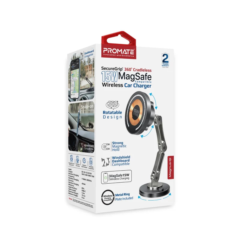 شاحن سيارة لاسلكي Promate Magnus-Qi SecureGrip ™ 360° بدون حامل 15 واط متوافق مع Magsafe