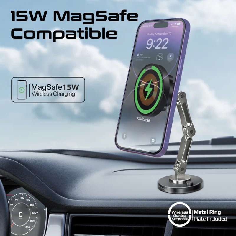 Promate Magnus-Qi SecureGrip ™ 360° Cradleless 15W Magsafe Compatible Wireless Car Charger