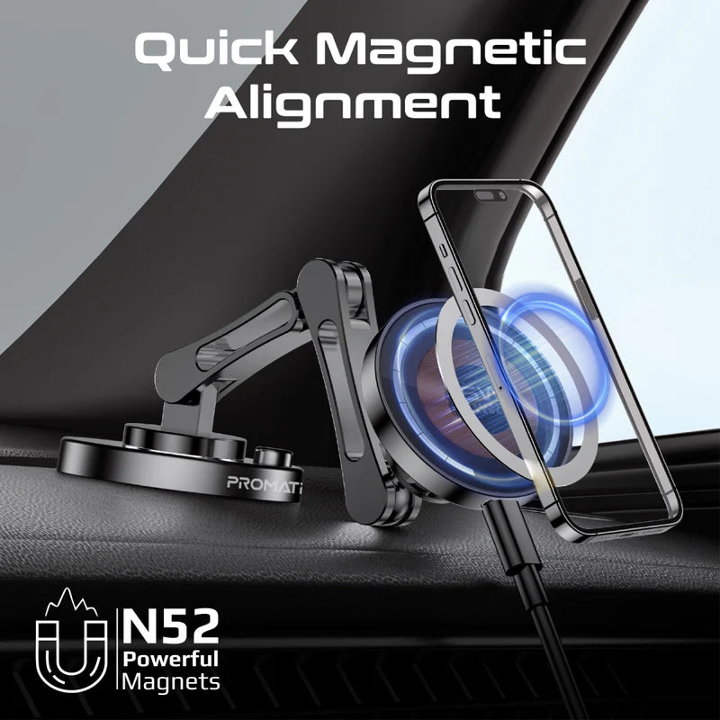 Promate Magnus-Qi SecureGrip ™ 360° Cradleless 15W Magsafe Compatible Wireless Car Charger