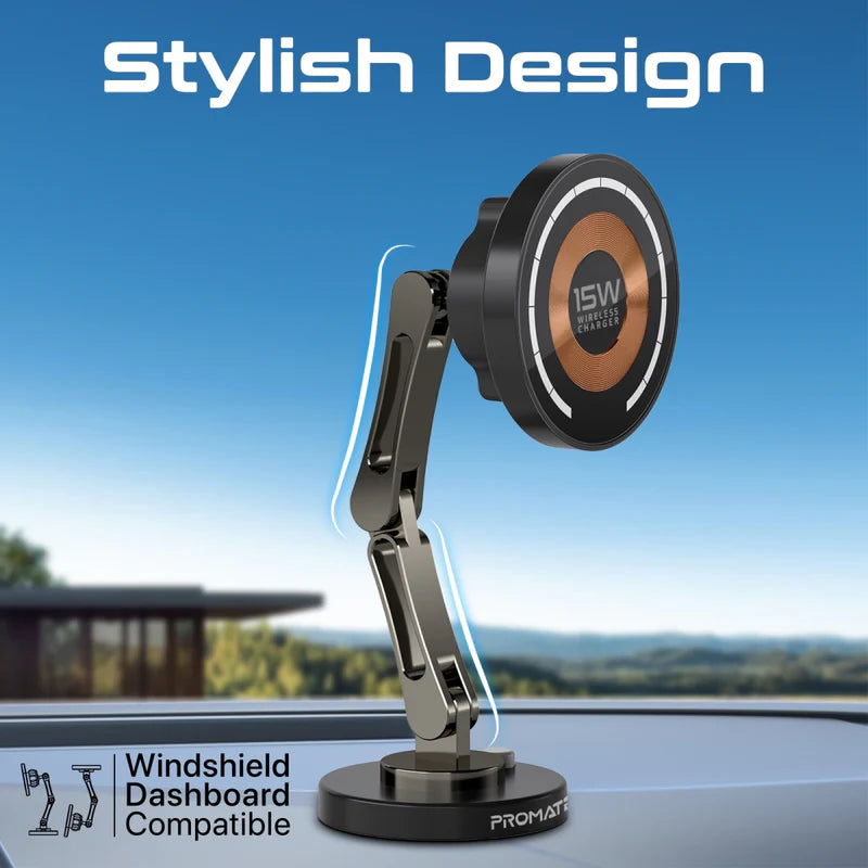 Promate Magnus-Qi SecureGrip ™ 360° Cradleless 15W Magsafe Compatible Wireless Car Charger