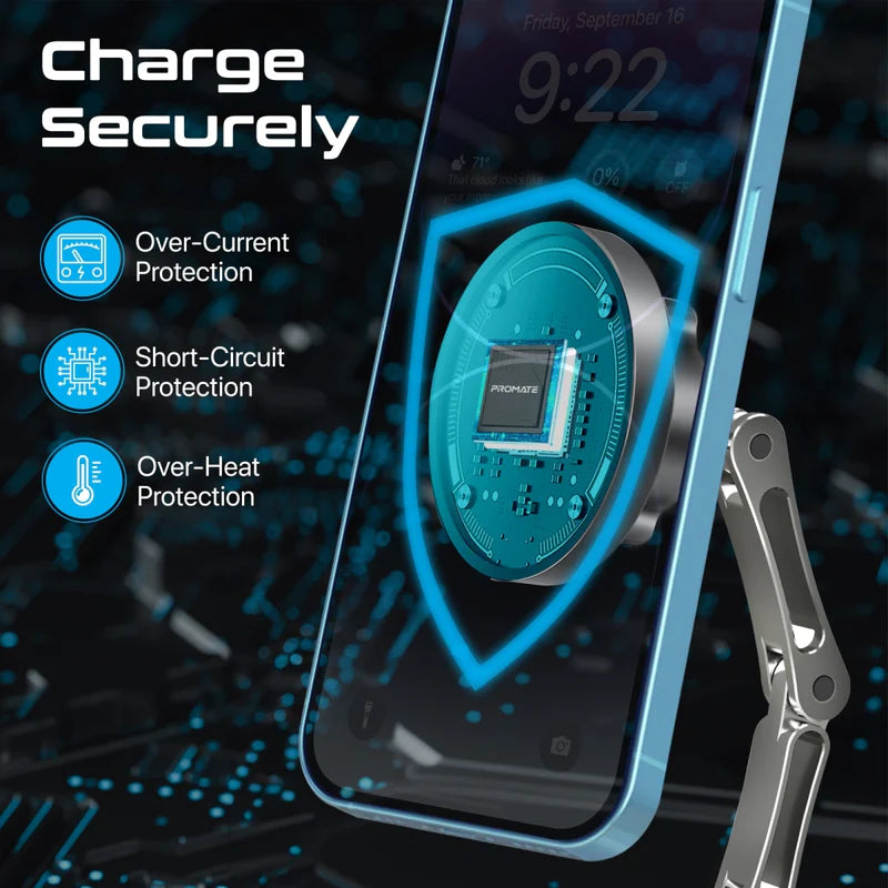 Promate Magnus-Qi SecureGrip ™ 360° Cradleless 15W Magsafe Compatible Wireless Car Charger