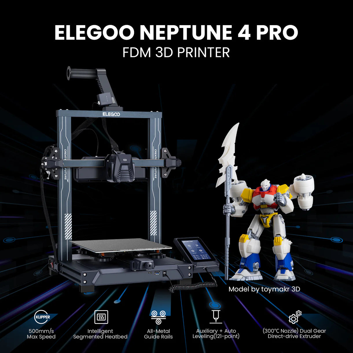 Elegoo Neptune 4 Pro — FDM 3D Printer, 225×225×265 mm Build Volume, High-Temperature Nozzle up to 300 °C, Auto Bed Leveling, Fast & Precise Printing