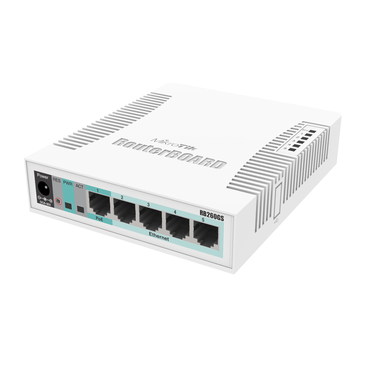 مفتاح ذكي من سلسلة MikroTik RB260GS SOHO مزود بـ 5 منافذ جيجابت، وSFP واحد، وSwOS، ومخرج PoE اختياري على المنافذ 2-5 (RB260GSP)