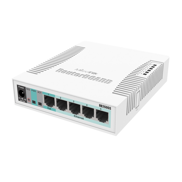 MikroTik RB260GS Series SOHO Smart Switch with 5 Gigabit Ports, 1 SFP, SwOS, Optional PoE Out on Ports 2–5 (RB260GSP)