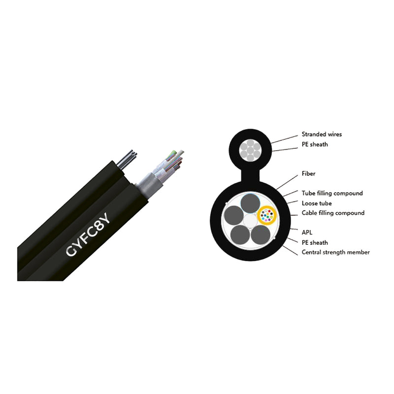 FiberHome 12 Core Figur.8 Optical Cable – G.652D, Black HDPE Sheath, Steel Messenger Wire, PE/GFRP Reinforcement, 5000N Tensile Strength - 4KM