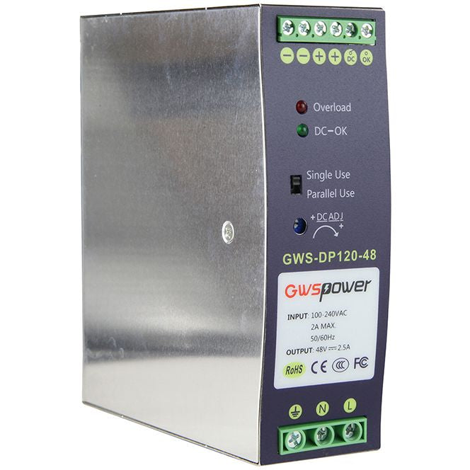 مزود طاقة صناعي GWS-DP120-48 يُركّب على سكة DIN، بقدرة 120W، و48V DC، وخرج 2.5A، لتحويل التيار المتردد إلى تيار مستمر لمبدلات PoE الصناعية