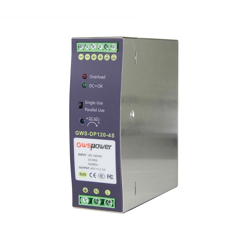مزود طاقة صناعي GWS-DP120-48 يُركّب على سكة DIN، بقدرة 120W، و48V DC، وخرج 2.5A، لتحويل التيار المتردد إلى تيار مستمر لمبدلات PoE الصناعية