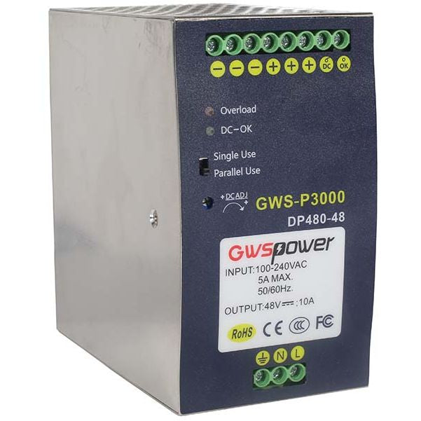 ONV GWS-DP480-48 Industrial DIN Rail Power Supply, 480W, 48V DC, 10A Output, AC 100–240V, Industrial PoE Switch Power Supply