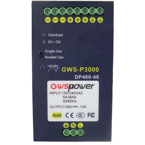 ONV GWS-DP480-48 Industrial DIN Rail Power Supply, 480W, 48V DC, 10A Output, AC 100–240V, Industrial PoE Switch Power Supply