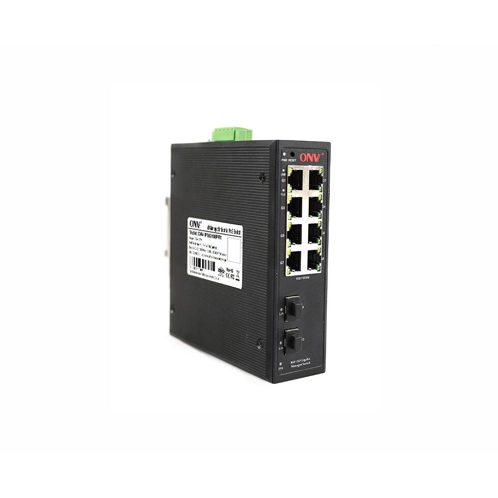 ONV IPS53108PFM 10-Port Gigabit Industrial Managed PoE+ Switch, 8 PoE Ports, 2 SFP Uplinks, 30W/Port, DIN Rail Mount