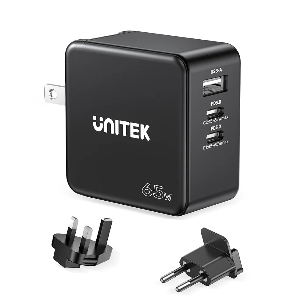 Unitek 65W GaN Travel Charger – Dual USB-C PD & USB-A QC 3.0 Ports - Compact Design - EU & UK Plug Adapters - Model P1117B