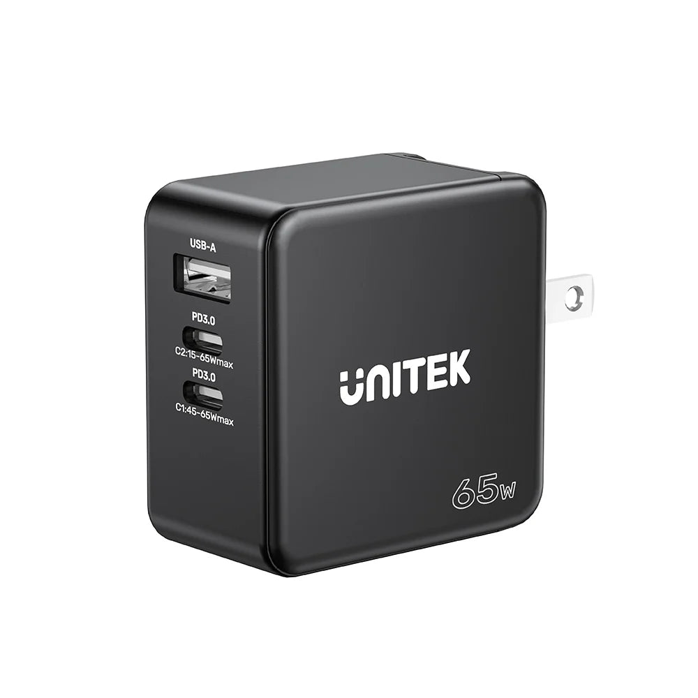 Unitek 65W GaN Travel Charger – Dual USB-C PD & USB-A QC 3.0 Ports - Compact Design - EU & UK Plug Adapters - Model P1117B