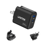 Unitek 35W GaN Travel Charger – Dual Port USB-C PD 3.0 & USB-A QC 3.0 - Ultra-Compact Design - Foldable Plug -  Includes EU & UK Adapters
