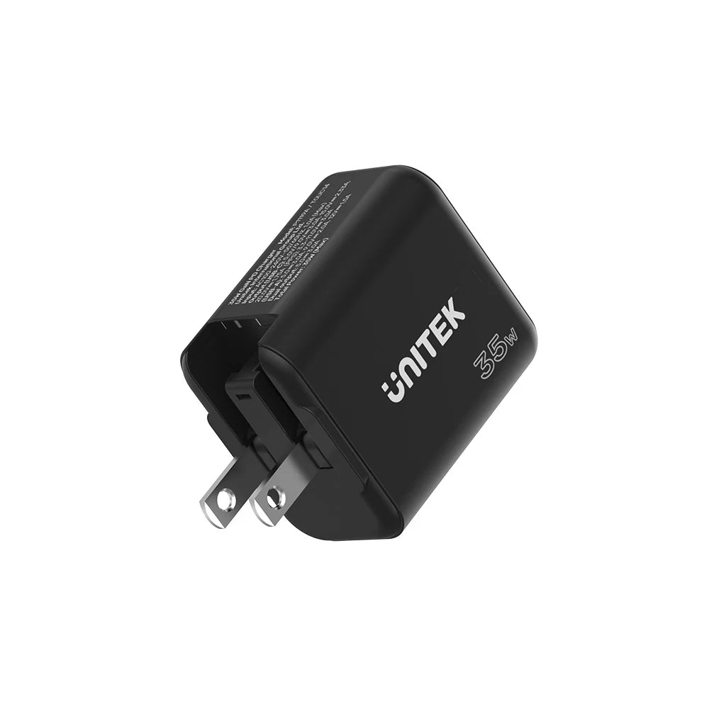 Unitek 35W GaN Travel Charger – Dual Port USB-C PD 3.0 & USB-A QC 3.0 - Ultra-Compact Design - Foldable Plug -  Includes EU & UK Adapters