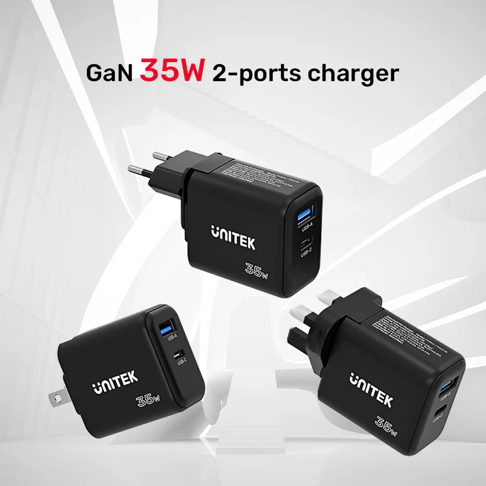 Unitek 35W GaN Travel Charger – Dual Port USB-C PD 3.0 & USB-A QC 3.0 - Ultra-Compact Design - Foldable Plug -  Includes EU & UK Adapters