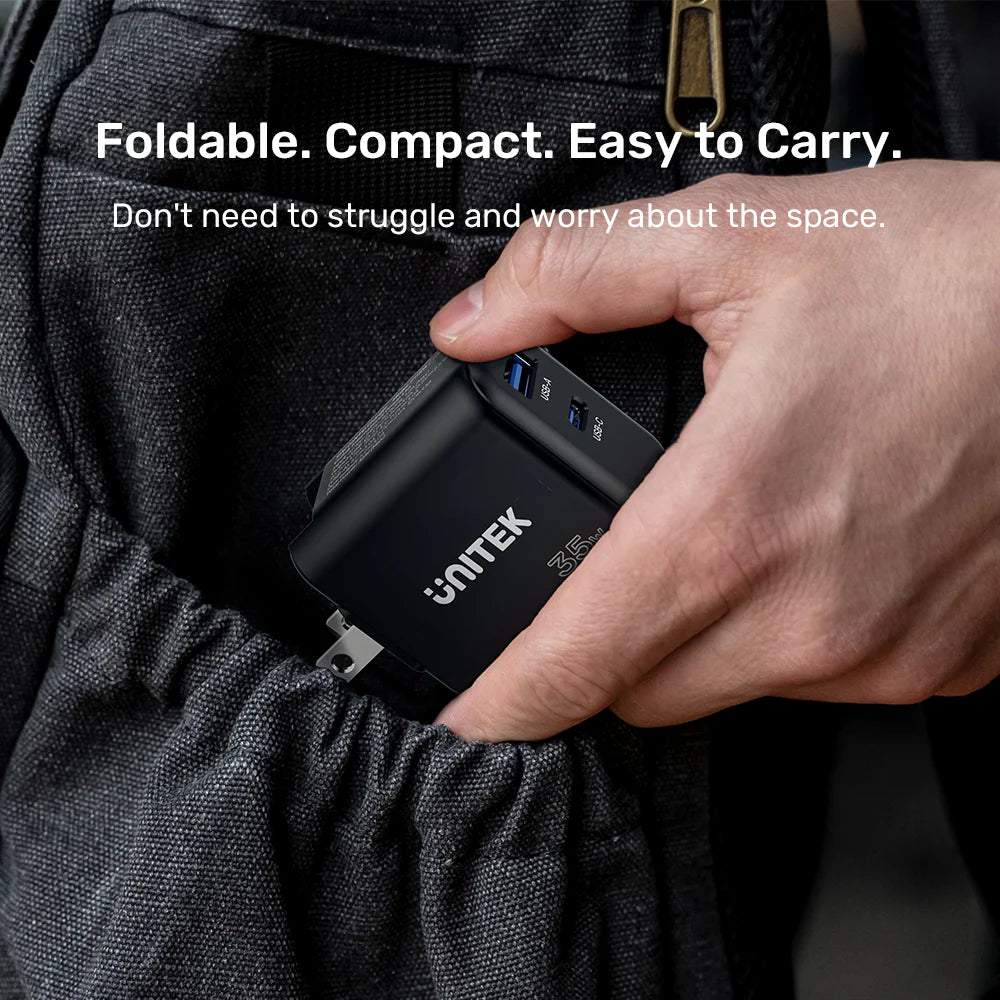 Unitek 35W GaN Travel Charger – Dual Port USB-C PD 3.0 & USB-A QC 3.0 - Ultra-Compact Design - Foldable Plug -  Includes EU & UK Adapters