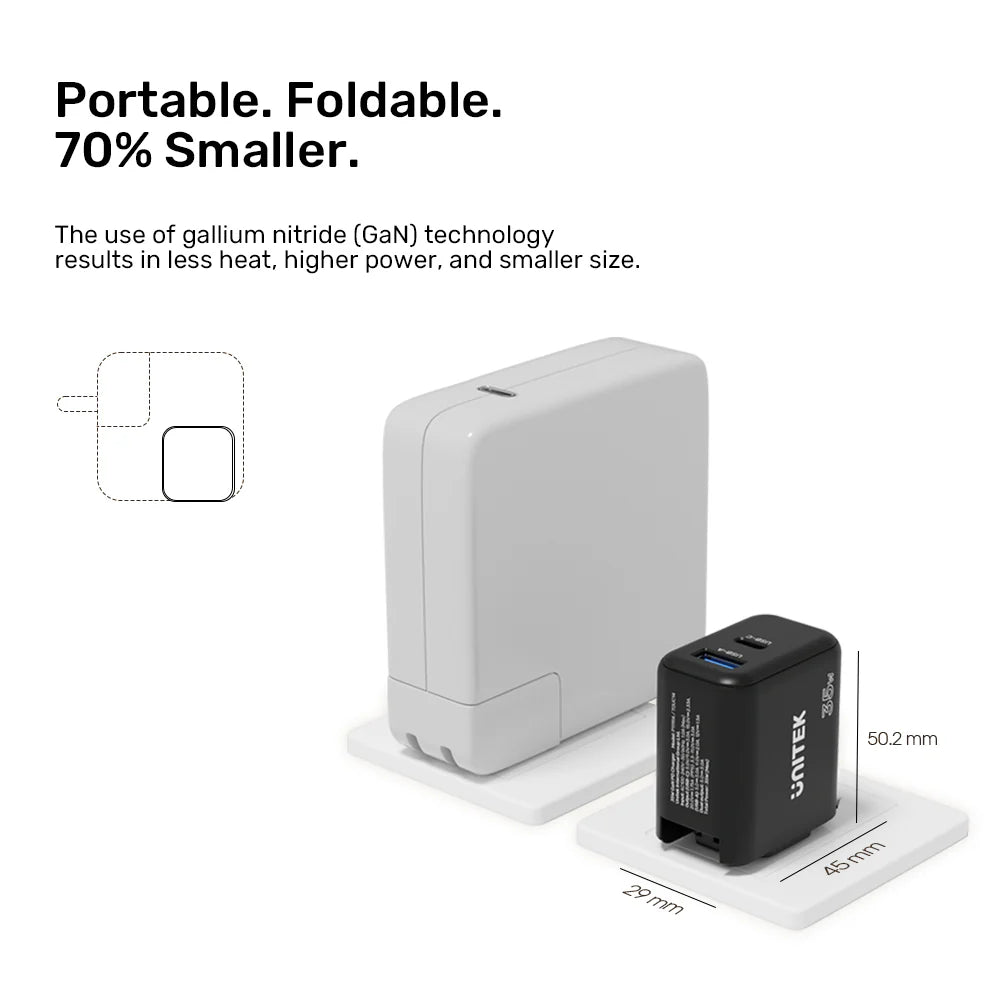 Unitek 35W GaN Travel Charger – Dual Port USB-C PD 3.0 & USB-A QC 3.0 - Ultra-Compact Design - Foldable Plug -  Includes EU & UK Adapters