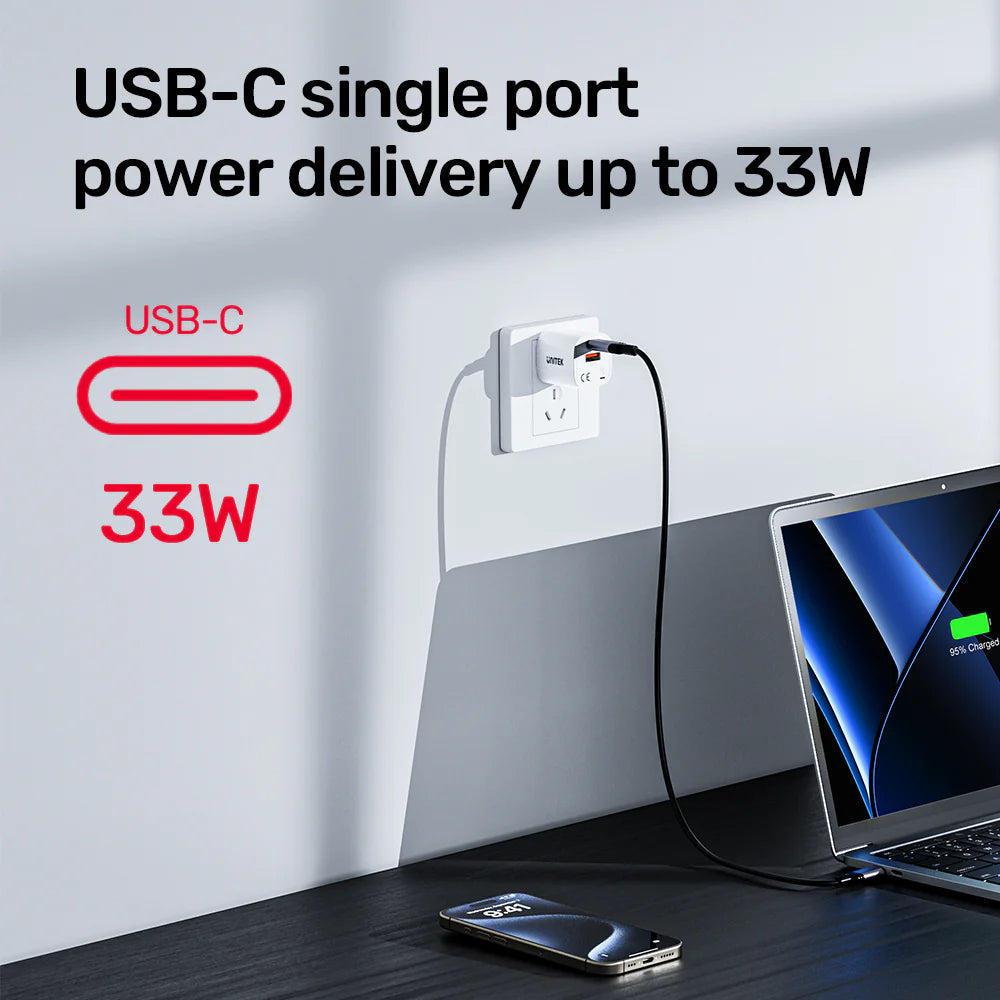 Unitek 33W Mini GaN Wall Charger – Dual Port USB-C PD 3.0 & USB-A QC 3.0 - Ultra-Compact Design - Fast Charging for iPhone 12–15 Series - Model P1125A