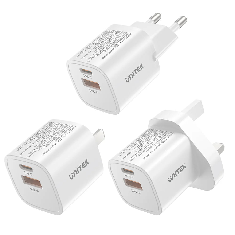 Unitek 33W Mini GaN Wall Charger – Dual Port USB-C PD 3.0 & USB-A QC 3.0 - Ultra-Compact Design - Fast Charging for iPhone 12–15 Series - Model P1125A