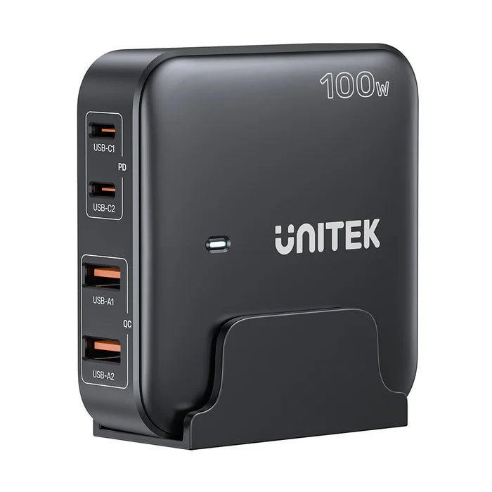 شاحن سطح مكتب UNITEK بقوة 100 واط GaN، محطة شحن سريعة بأربعة منافذ مع منفذي USB-C وUSB-A، محور شحن متعدد الأجهزة بدعم PD وQC