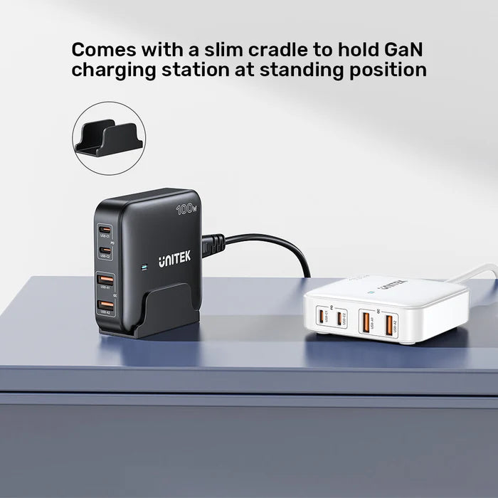 شاحن سطح مكتب UNITEK بقوة 100 واط GaN، محطة شحن سريعة بأربعة منافذ مع منفذي USB-C وUSB-A، محور شحن متعدد الأجهزة بدعم PD وQC