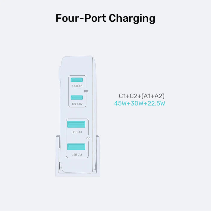 شاحن سطح مكتب UNITEK بقوة 100 واط GaN، محطة شحن سريعة بأربعة منافذ مع منفذي USB-C وUSB-A، محور شحن متعدد الأجهزة بدعم PD وQC