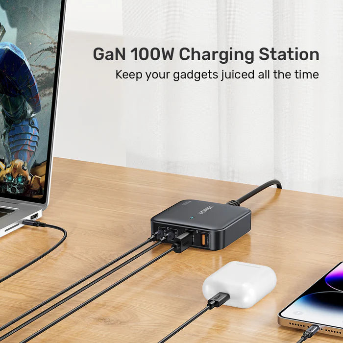 شاحن سطح مكتب UNITEK بقوة 100 واط GaN، محطة شحن سريعة بأربعة منافذ مع منفذي USB-C وUSB-A، محور شحن متعدد الأجهزة بدعم PD وQC