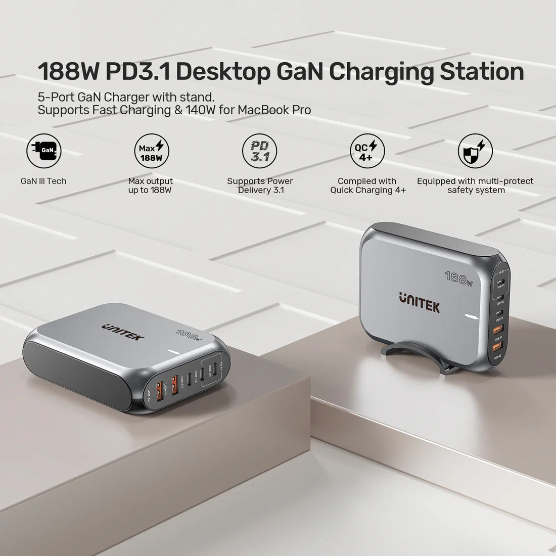 Unitek 188 W PD 3.1 Desktop GaN Charging Station – 5-Port Stand, 140 W USB-C, USB-A Ports, Fast GaN Charging