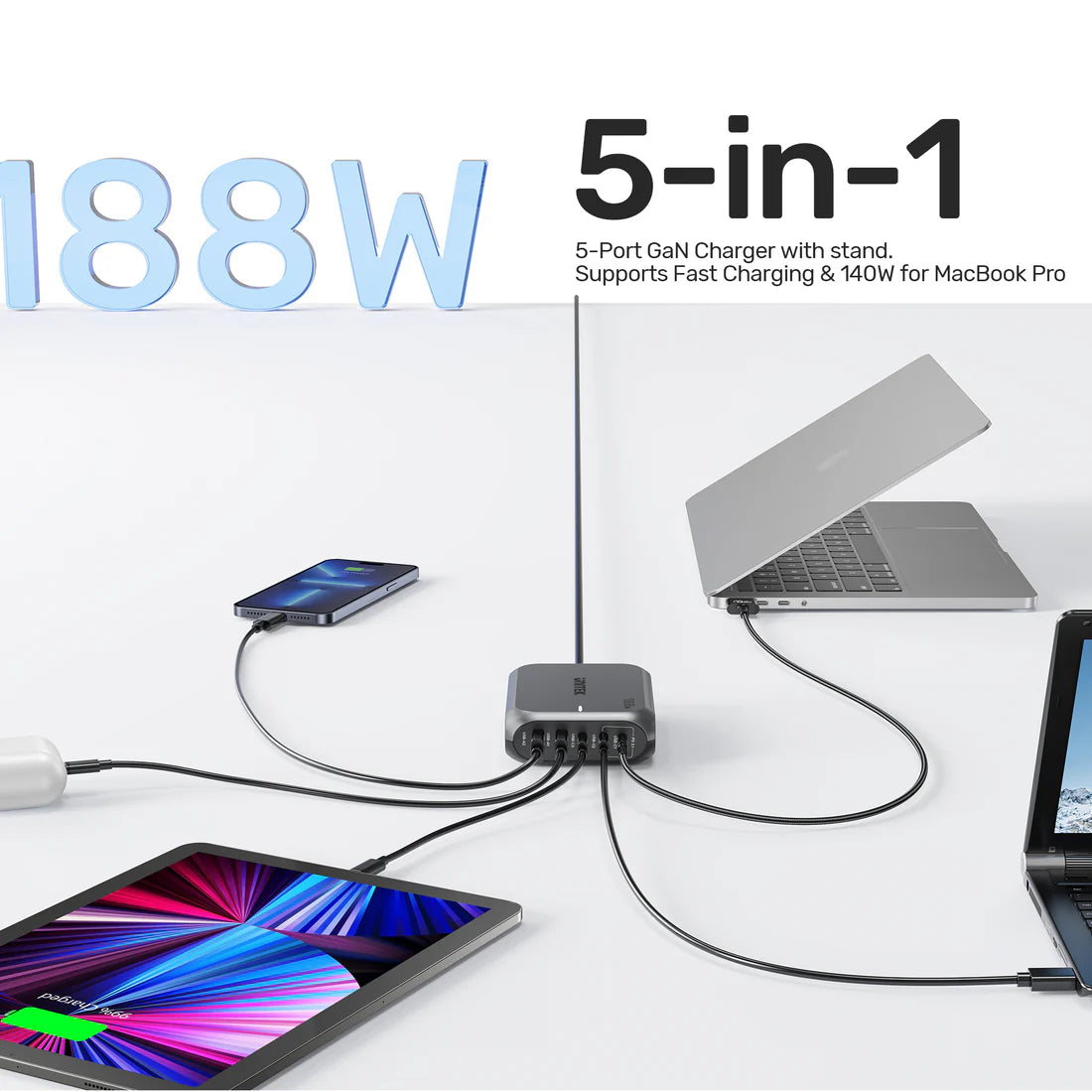 Unitek 188 W PD 3.1 Desktop GaN Charging Station – 5-Port Stand, 140 W USB-C, USB-A Ports, Fast GaN Charging