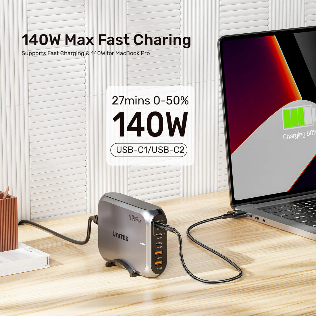 Unitek 188 W PD 3.1 Desktop GaN Charging Station – 5-Port Stand, 140 W USB-C, USB-A Ports, Fast GaN Charging