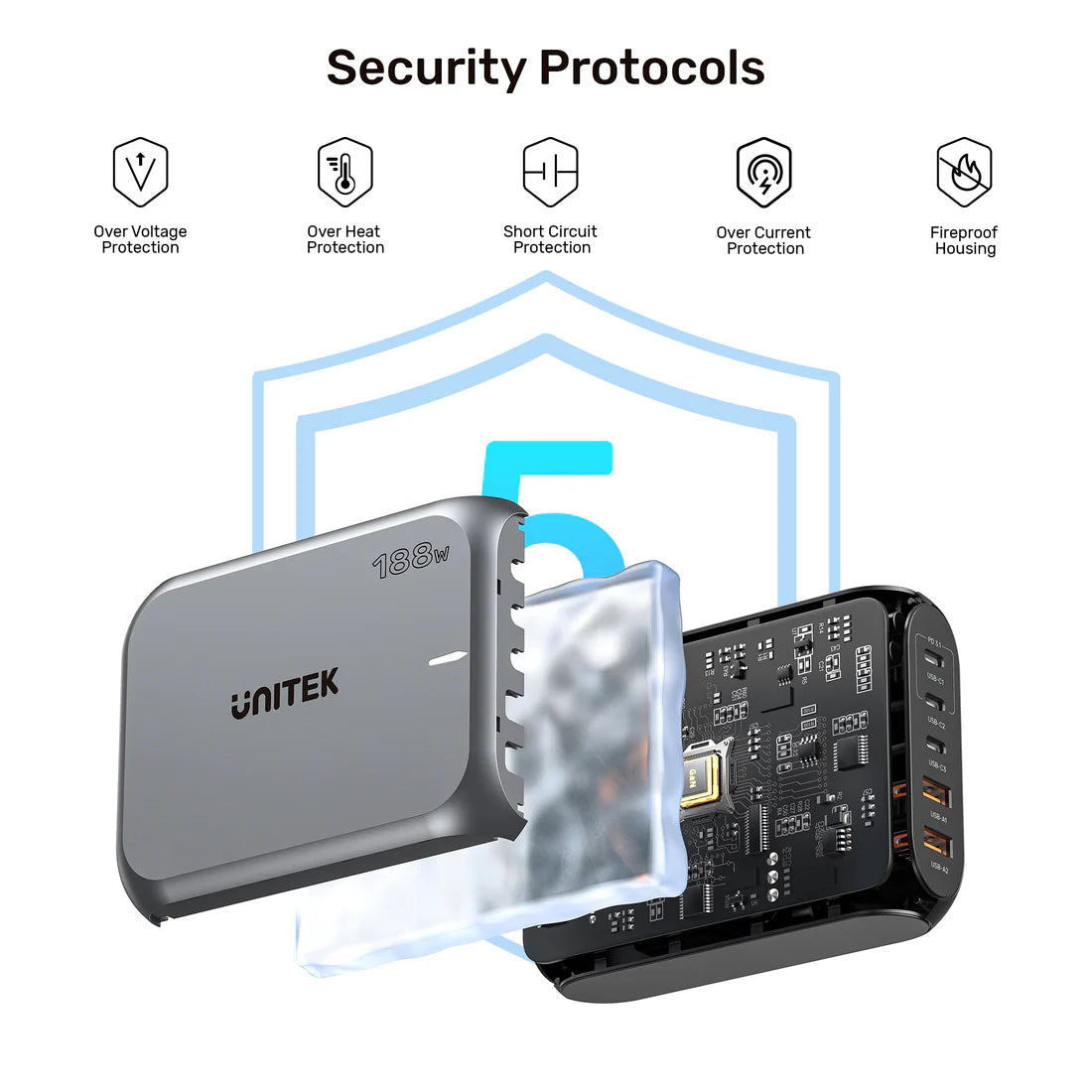 Unitek 188 W PD 3.1 Desktop GaN Charging Station – 5-Port Stand, 140 W USB-C, USB-A Ports, Fast GaN Charging