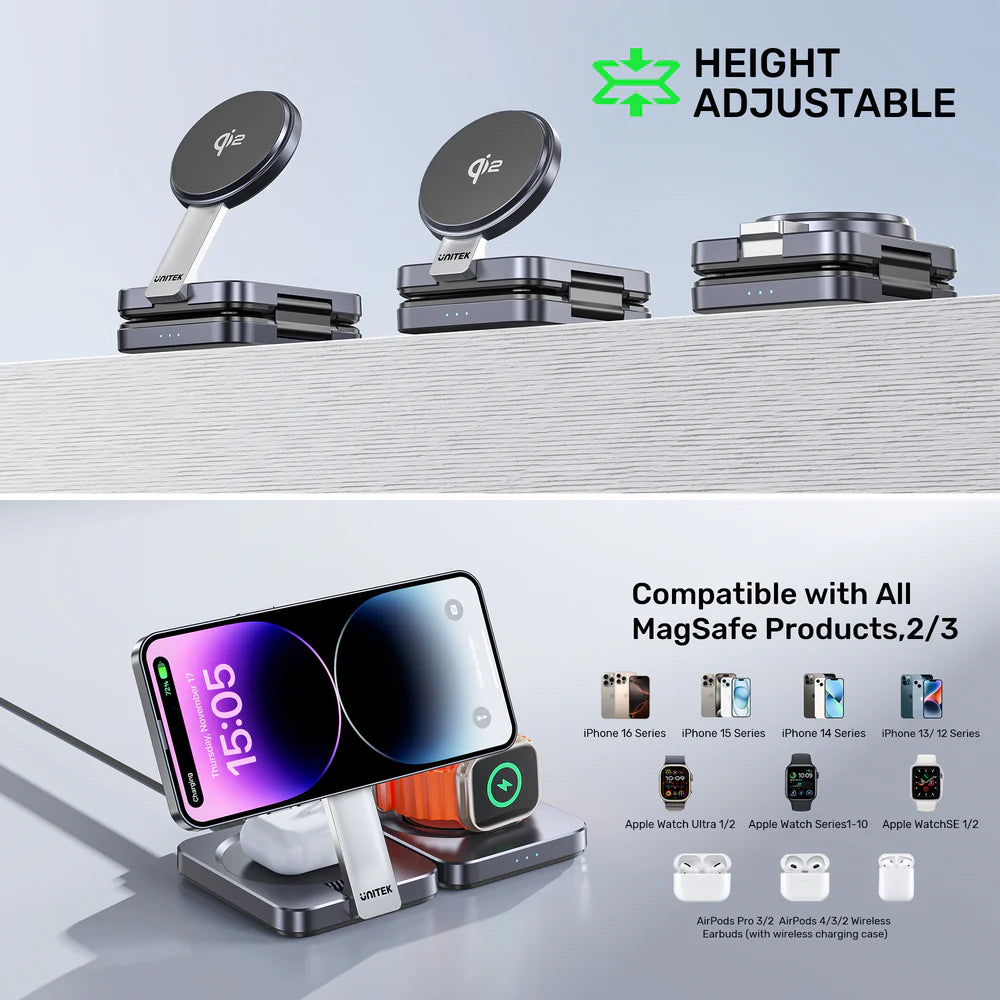 Unitek Qi2 Foldable 3-in-1 Wireless Charging Station – 15W MagSafe for iPhone - 5W for AirPods - 2.5W for Apple Watch - Compact Travel Stand - Model P1300AGY01