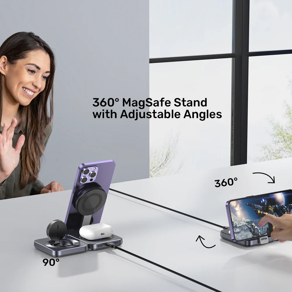 Unitek Qi2 Foldable 3-in-1 Wireless Charging Station – 15W MagSafe for iPhone - 5W for AirPods - 2.5W for Apple Watch - Compact Travel Stand - Model P1300AGY01
