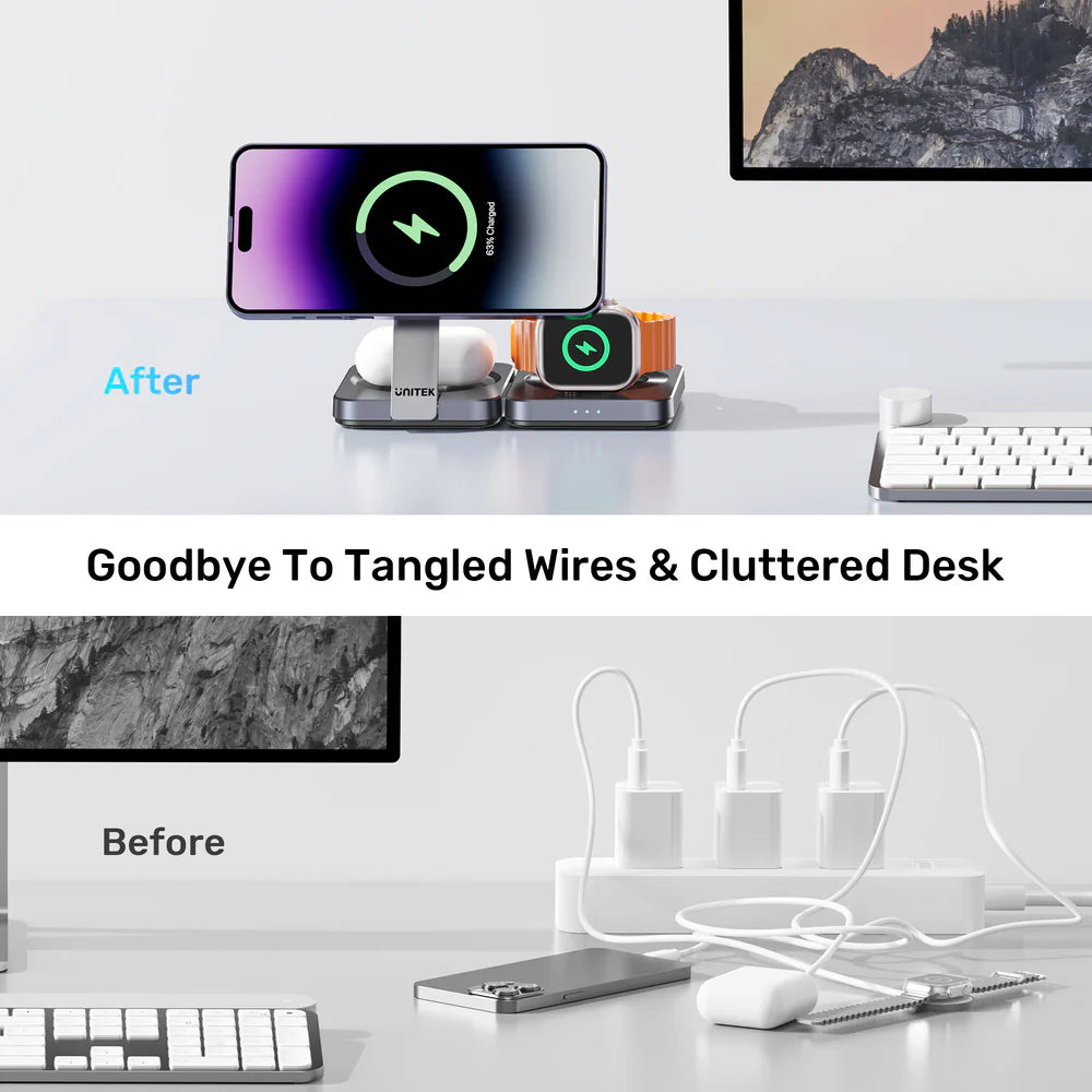 Unitek Qi2 Foldable 3-in-1 Wireless Charging Station – 15W MagSafe for iPhone - 5W for AirPods - 2.5W for Apple Watch - Compact Travel Stand - Model P1300AGY01