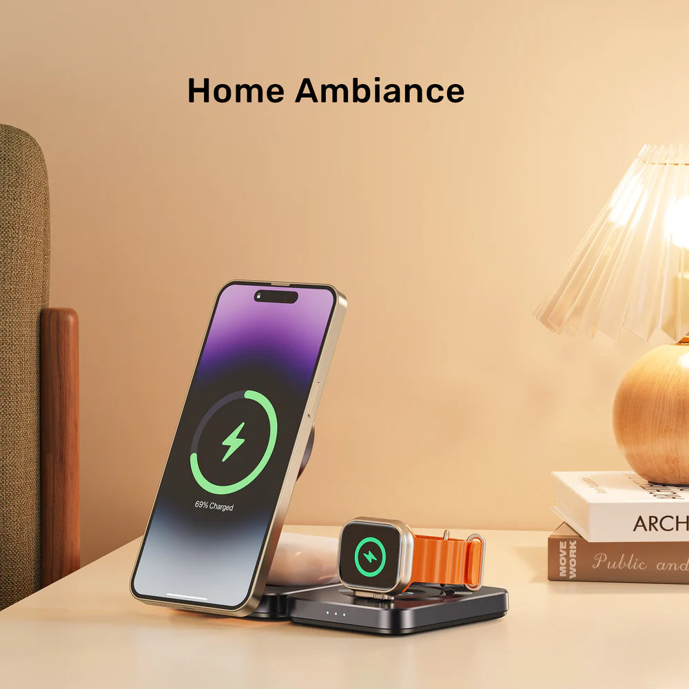 Unitek Qi2 Foldable 3-in-1 Wireless Charging Station – 15W MagSafe for iPhone - 5W for AirPods - 2.5W for Apple Watch - Compact Travel Stand - Model P1300AGY01