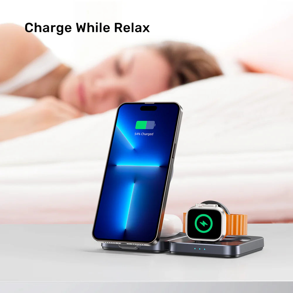 Unitek Qi2 Foldable 3-in-1 Wireless Charging Station – 15W MagSafe for iPhone - 5W for AirPods - 2.5W for Apple Watch - Compact Travel Stand - Model P1300AGY01